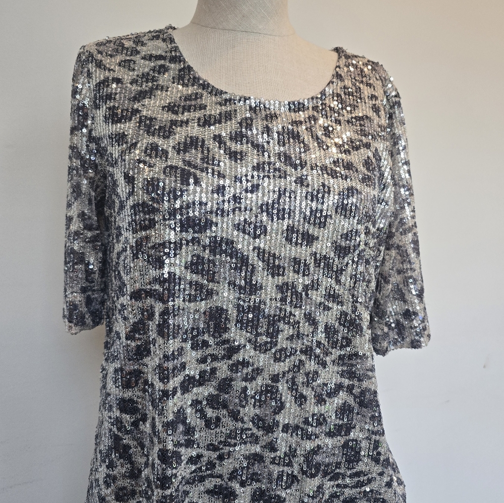 Chico's Silver Sequin Cheetah Print Top